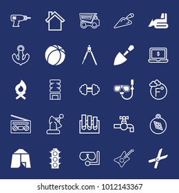 Equipment filled and outline vector icon set on navy background