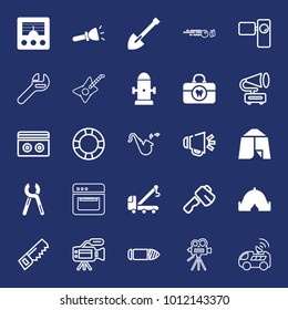 Equipment filled and outline vector icon set on navy background