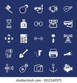 Equipment filled and outline vector icon set on navy background