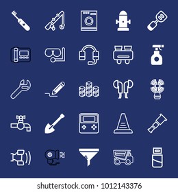 Equipment filled and outline vector icon set on navy background
