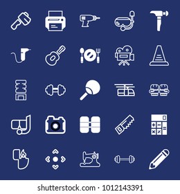 Equipment filled and outline vector icon set on navy background