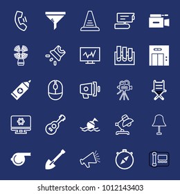 Equipment filled and outline vector icon set on navy background