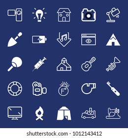 Equipment filled and outline vector icon set on navy background