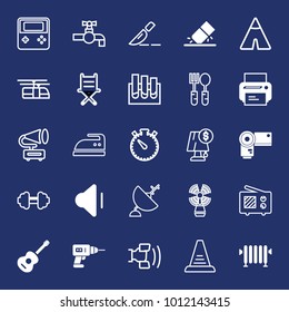 Equipment filled and outline vector icon set on navy background
