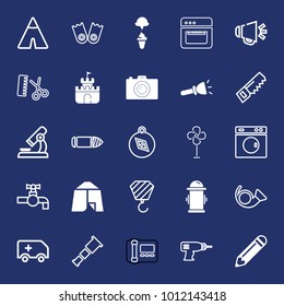 Equipment filled and outline vector icon set on navy background