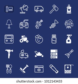 Equipment filled and outline vector icon set on navy background