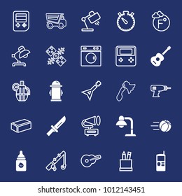Equipment filled and outline vector icon set on navy background