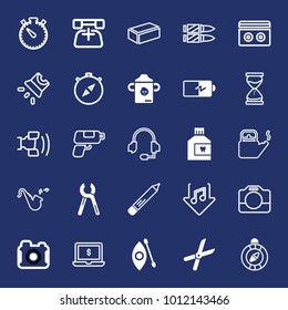 Equipment filled and outline vector icon set on navy background
