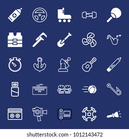 Equipment filled and outline vector icon set on navy background