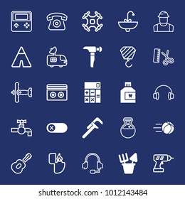 Equipment filled and outline vector icon set on navy background