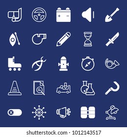 Equipment filled and outline vector icon set on navy background
