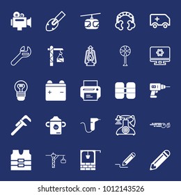 Equipment filled and outline vector icon set on navy background