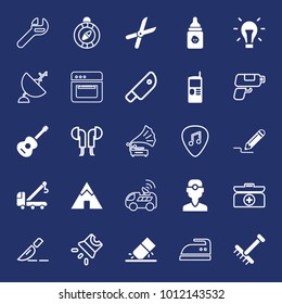 Equipment filled and outline vector icon set on navy background
