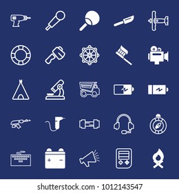 Equipment filled and outline vector icon set on navy background