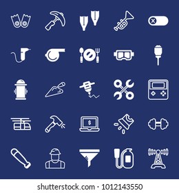 Equipment filled and outline vector icon set on navy background