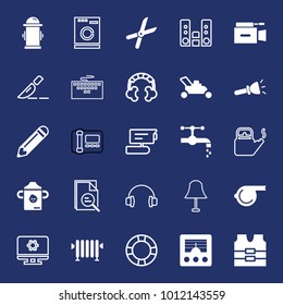 Equipment filled and outline vector icon set on navy background