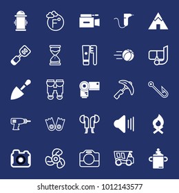 Equipment filled and outline vector icon set on navy background
