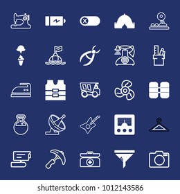 Equipment filled and outline vector icon set on navy background
