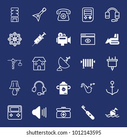 Equipment filled and outline vector icon set on navy background