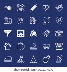 Equipment filled and outline vector icon set on navy background