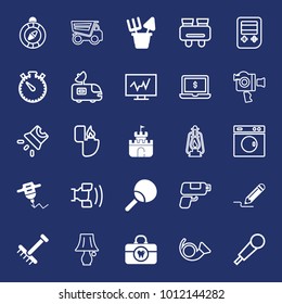Equipment filled and outline vector icon set on navy background