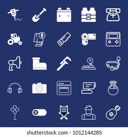 Equipment filled and outline vector icon set on navy background