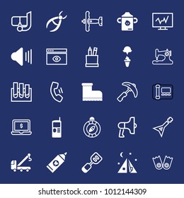 Equipment filled and outline vector icon set on navy background