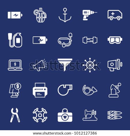 Equipment filled and outline vector icon set on navy background