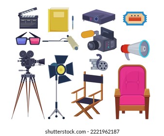 Equipment for filmmaking vector illustrations set. Elements of action film set or cinema occupations, professional camera, lights on white background. Cinematography, filmmaking, professions concept