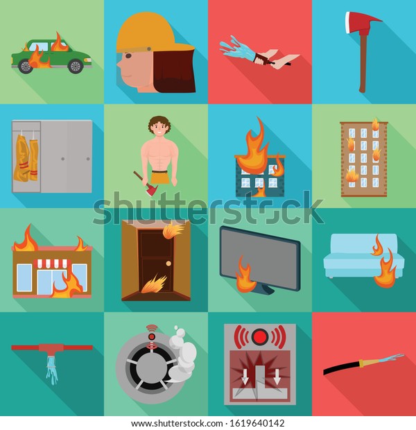 Equipment\
for firefighting vector flat icon set.Vector isolated illustration\
fireman service.Icon set equipment fireman\
.