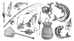 Equipment For Fishing Set. Fishing Rod, Floats And Other Devices For Sport Fishing. Sketch Vector Illustration