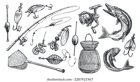 Equipment for fishing set. Fishing rod, floats and other devices for sport fishing. Sketch vector illustration