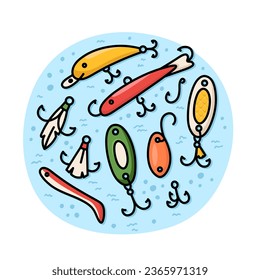 Equipment for fishing tackle, hook, wobbler in doodle style isolated on a white background. Fishing scene illustration.