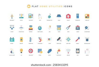 Equipment, furniture and services for comfort in house, garage color icon set. Mobile app to control smart home utilities, access to gadgets and energy, cleaning flat elements vector illustration