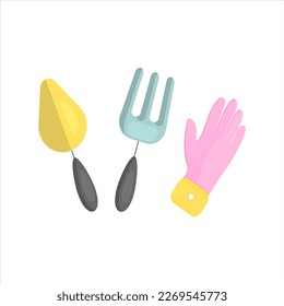 Equipment for gardening, spring set with rake, shovel and glove.  Vector isolated object.