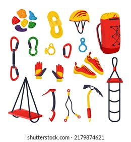 Equipment or gear for climbing flat vector illustrations set. Safety belt, harness, rope, carabiners mountain climbers or alpinists on white background. Extreme sports, mountaineering concept