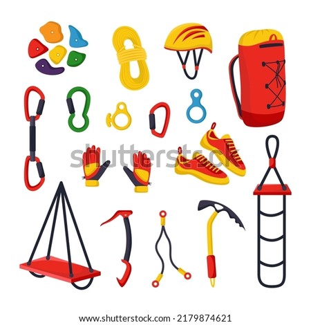Equipment or gear for climbing flat vector illustrations set. Safety belt, harness, rope, carabiners mountain climbers or alpinists on white background. Extreme sports, mountaineering concept