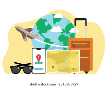 Equipment for going far away carrying suitcase ,map,phone,glasses.Towards seeing the beauty of the world.Flat illustration