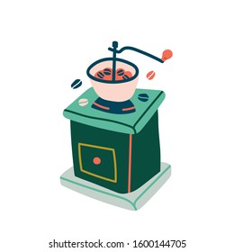 Equipment for grinding coffee, vector illustration, isolated colored drawing of manual vintage coffee grinder 