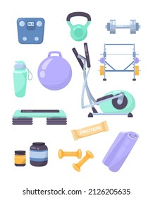 Equipment for gym workout cartoon illustration set. Aerobic ball, dumbbells, kettlebell, tap dance, mat, fitness elastic band, bottle of water, training apparatus for exercising. Sport concept