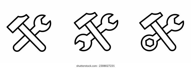 Equipment. Hammer and wrench icon illustration set. Stock vector.