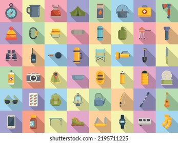 Equipment for hike icons set flat vector. Hiker backpack. Shoes hiking