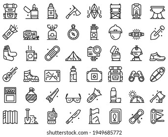 Equipment for hike icons set. Outline set of equipment for hike vector icons for web design isolated on white background