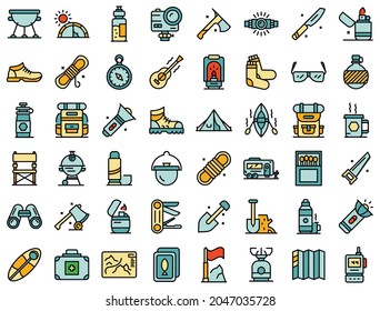 Equipment for hike icons set. Outline set of equipment for hike vector icons thin line color flat isolated on white