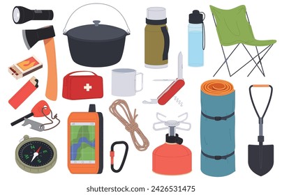 Equipo para senderismo. Un conjunto de contenidos de mochila para excursiones. Sobrevivir en la naturaleza. Ilustración de vector