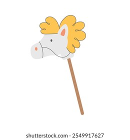 Equipment for hobby horsing. Riding toy animal in the form of a horse head on a wooden stick. Hand drawn vector illustration isolated on white background.