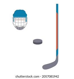 Equipment for hockey sport game. Colorful hockey sticks, puck and helmet. Icon flat design. Isolated vector illustration 