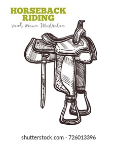 Equipment For Horse, Riders Saddle Hand Drawn. Vector Illustration In Engraved Retro Style. Vector Isolated On White Background. Horseback Ridding Concept. Sketch Image