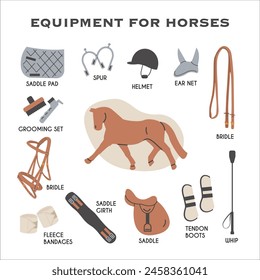 Equipment for horses infographic educational card. Horse Riding Tack and Gear Icons in Trendy Modern Style. Equine Sports Hand Drawn Illustrations. Equestrian Square Poster. Equine sports tack. 