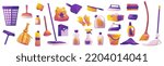 Equipment for house cleaning, brushes, soap, brooms, gloves and domestic detergents. Household chemicals in bottles, washing powder, buckets, dustpan and iron, vector cartoon set